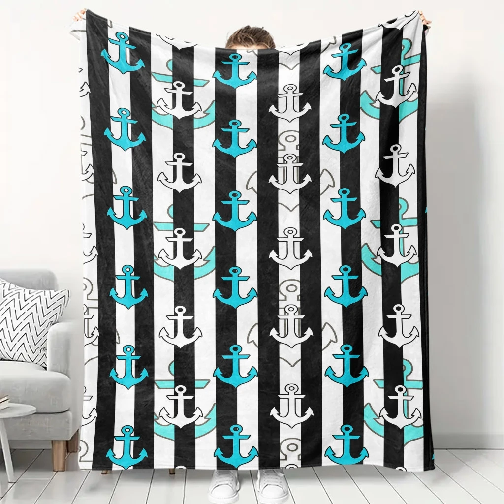 Turquoise White Anchor Black White Vertical Stripe Flannel Throw Blanket Soft Warm Cover Sofa Bedroom Nautical Marine Decor Gift
