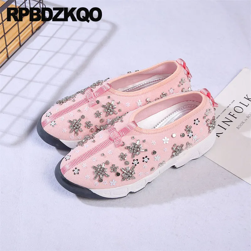 Women Diamond High Quality Bee Embroidered Sequin Floral Sneakers Ladies Beautiful Flats Shoes Pearl Embroidery Black Trainers