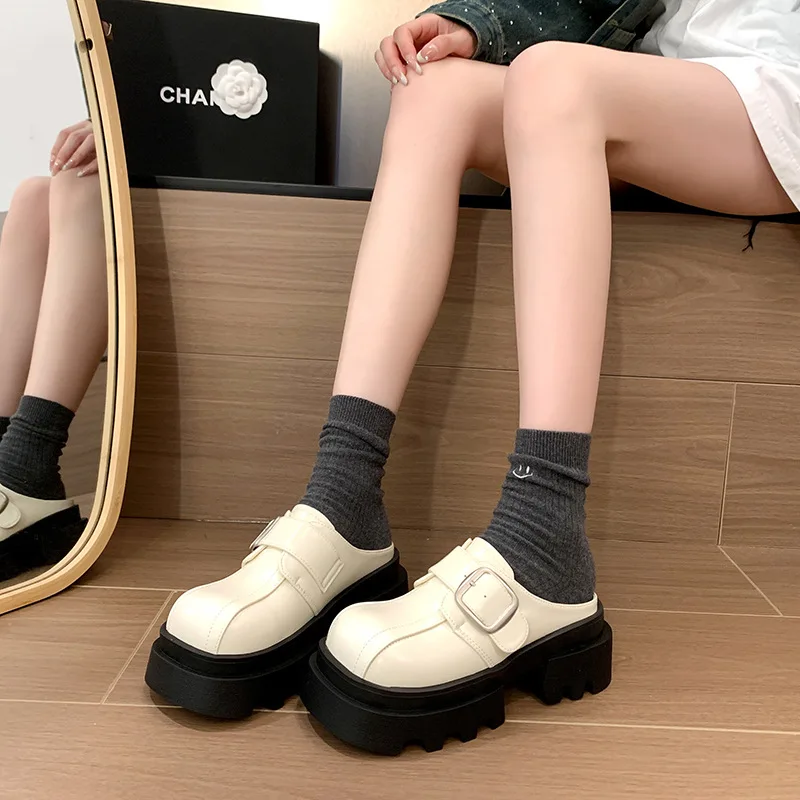 2024 Autumn Platform Women Toe-cap Half Slippers Solid Non-slip Shoes for Women Slippers Fashion Buckle Slip-on Women Slippers