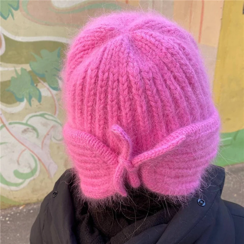 Dourbesty Autumn Winter Knitted Bomber Hats Women Leisure Style Flanging Tie Up Ear Protection Windproof Warm Cap Y2k Fashion