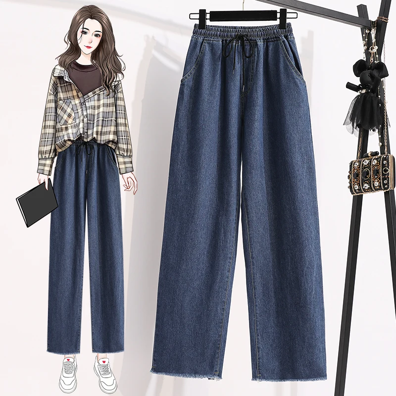 

M-5xl Spring Autumn Leisure Women Denim Pants Drawstring Elastic Waist Wide Leg Straight Jeans Plus Sized Trousers Streetwear