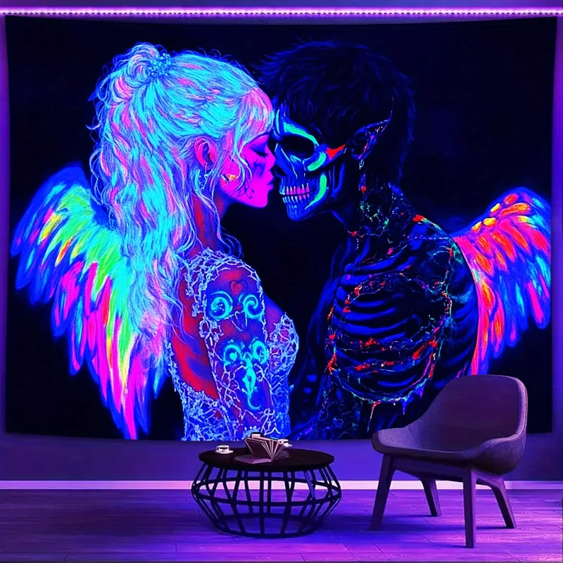 VIKAMA Wandteppich mit Neon-Engel und Skelett-Paar, fluoreszierendes, dunkles Romantik-Design, Wandbehang für Schlafzimmerdekoration