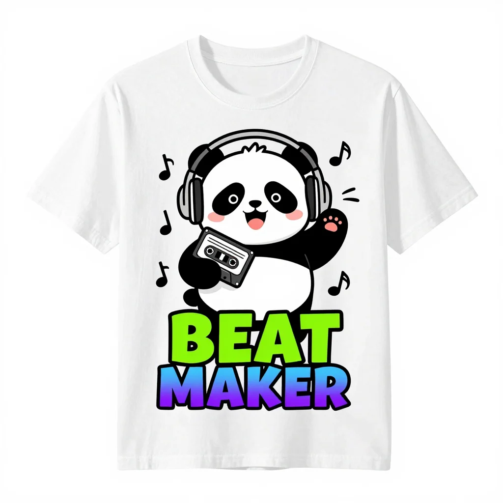 Cute Cartoon DJ Panda "BEAT MAKER" Print T Shirt Casual Tee Unisex Cotton Short Sleeve Music & Panda Lover Tops