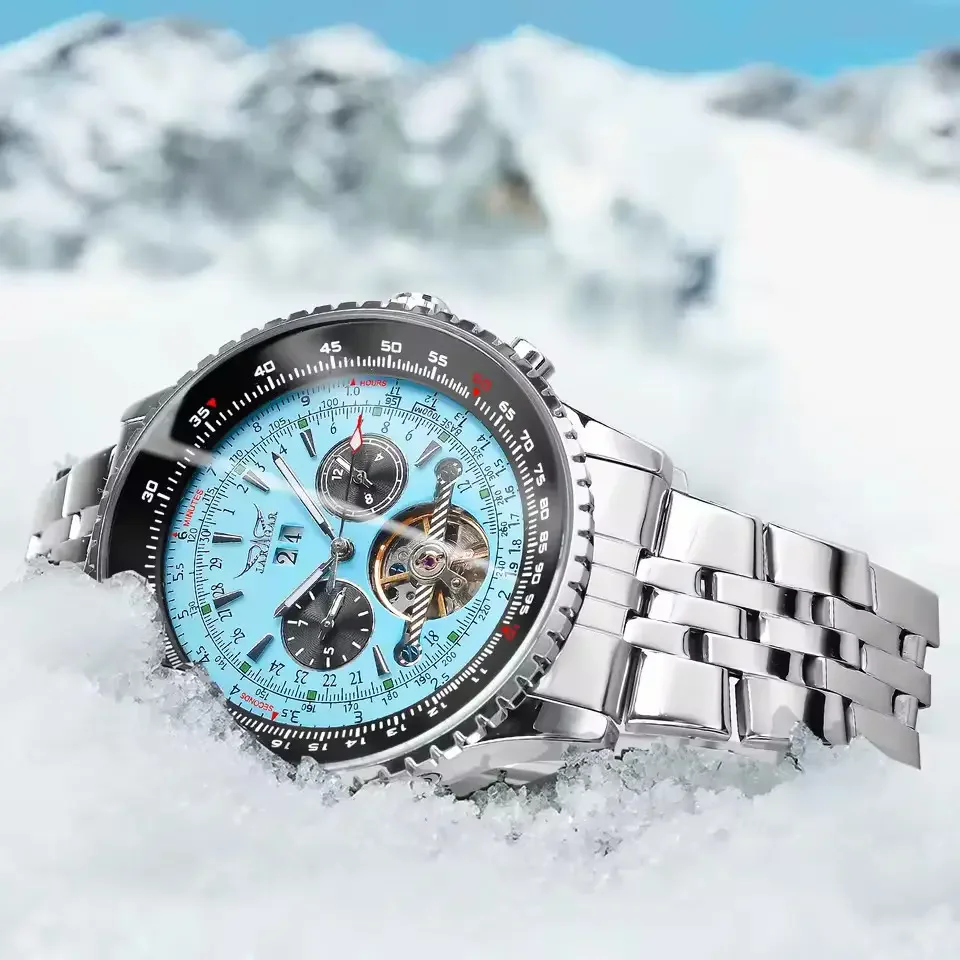 

JARAGAR 024, модные автоматические механические часы для мужчин, ремешок из нержавеющей стали с турбийоном, светящийся календарь, деловые наручные часы