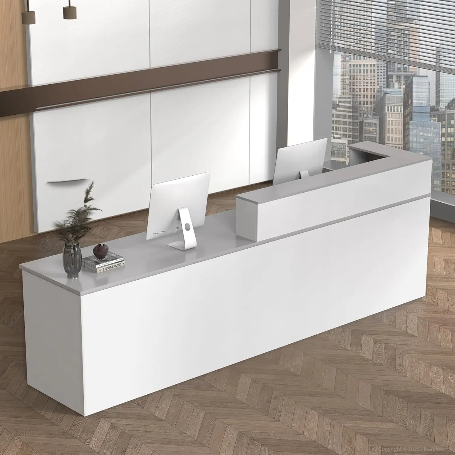 

L Shape Reception Desk with Counter, Lockable Drawer, Keyboard Tray, and Double-Layer Storage for Salon, Office, or, Customized