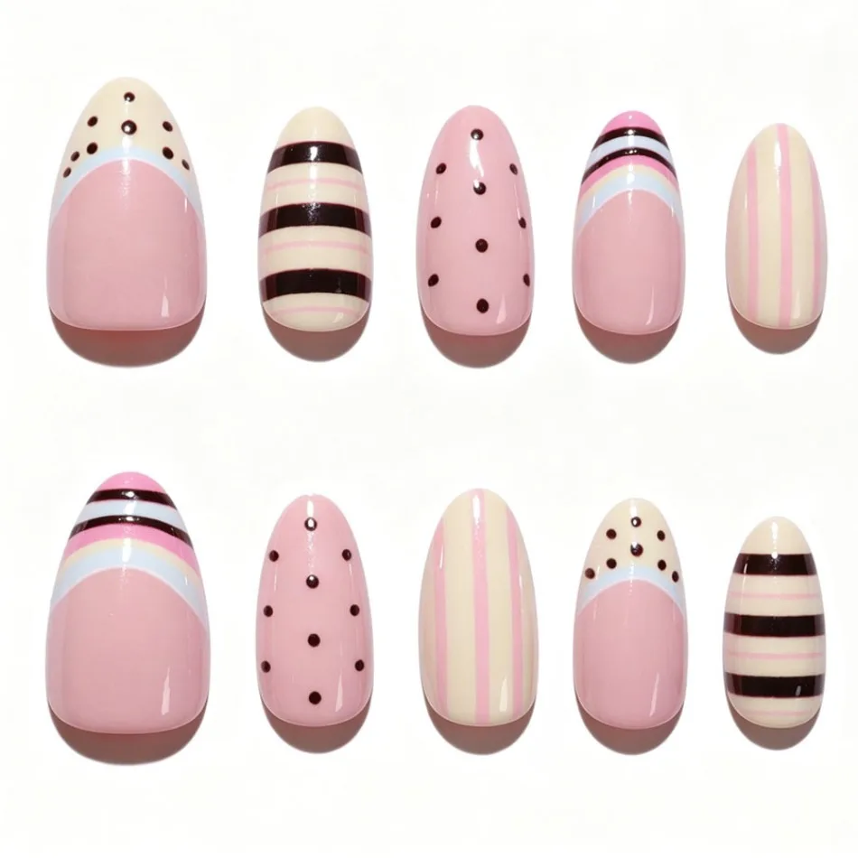 Press On Nails Pastel‑toned Pink Yellow Contrast Polka Dot Striped Hand‑drawn Oval False Nails Reusable Girl Daily Manicure JT3