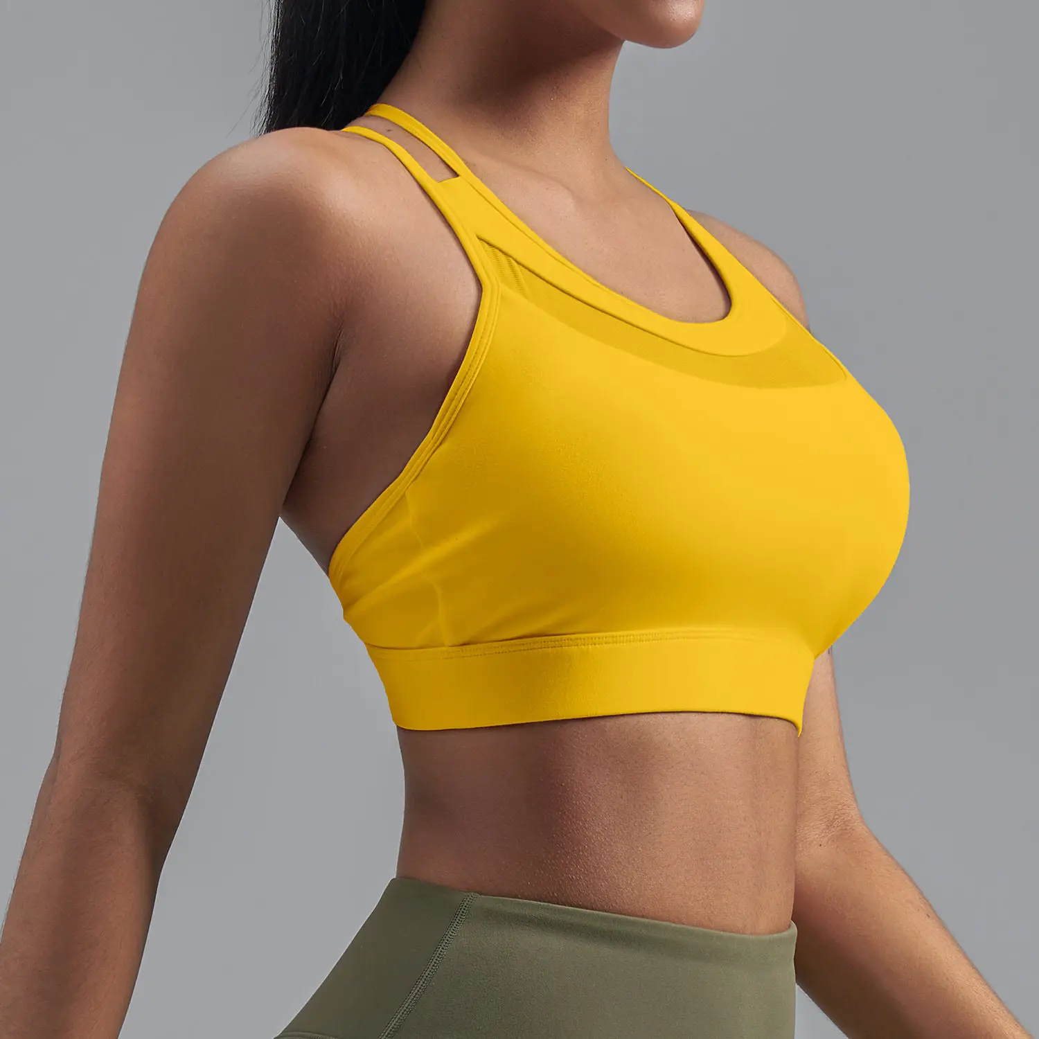 Women Strappy Back Mesh Sports Bra, Breathable Workout Crop Top with Elastic Hem, Supportive Yoga Bra for Fitness Running image 6