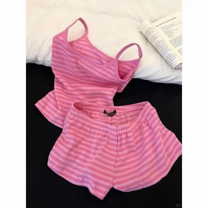 Summer Pink Women 2 Piece Set Korean Popular Sleepwear Soft Comfortable Y2k Japanese Body-Hugging Blouse Shorts Set for Homewear