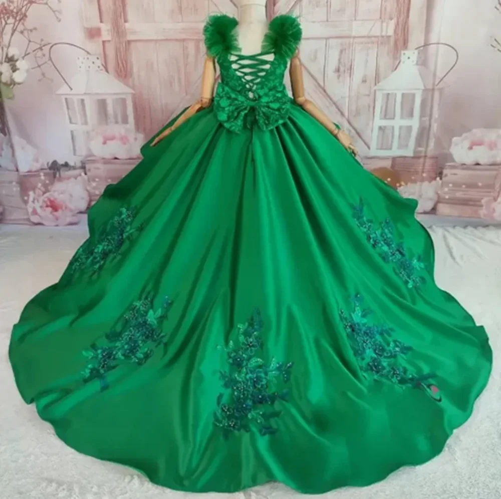 녹색 꽃 소녀 드레스 Tulle 레이스 Appliques 결혼식을위한 민소매 드레스 생일 파티 아기 귀여운 맞춤형 볼 가운
