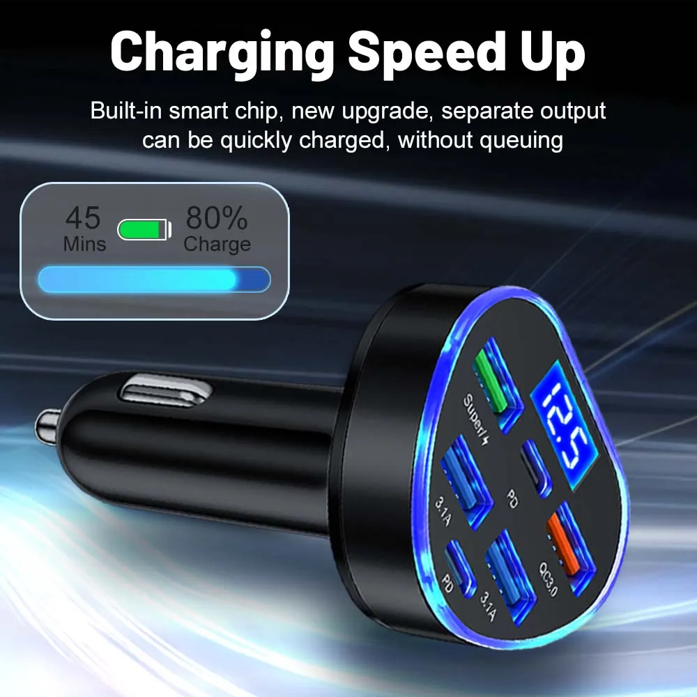 Total 100W 6 Ports Car Charger Fast Charging For IPhone Xiaomi Type C Charger Quick Charge For Samsung Huawei USB Charger In Car