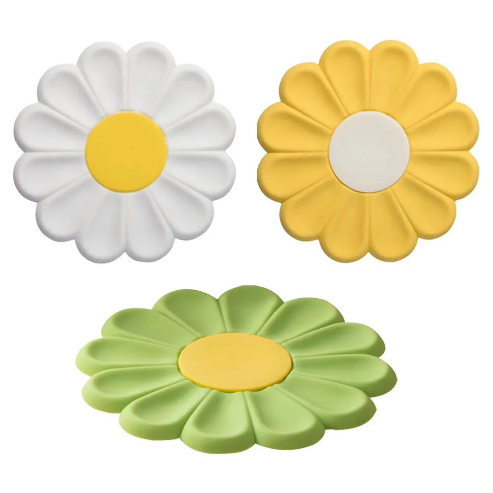 

3pcs Daisy Silicone Heat Resistant Pads Anti Skid Kitchen Mat Pot Holder Countertop Tabletop Pad Lemon Green Milky
