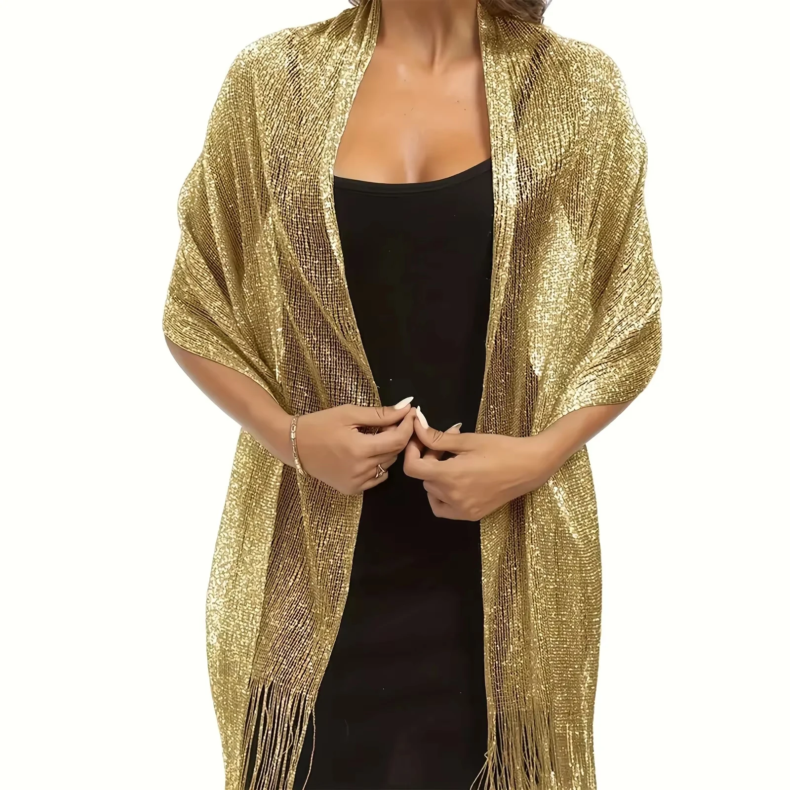 Sexy Fashion Bright Silk Sunscreen Shawl Gold Silver Shiny Scarves For Women Lace Tassel Party Evening Dress Scarf