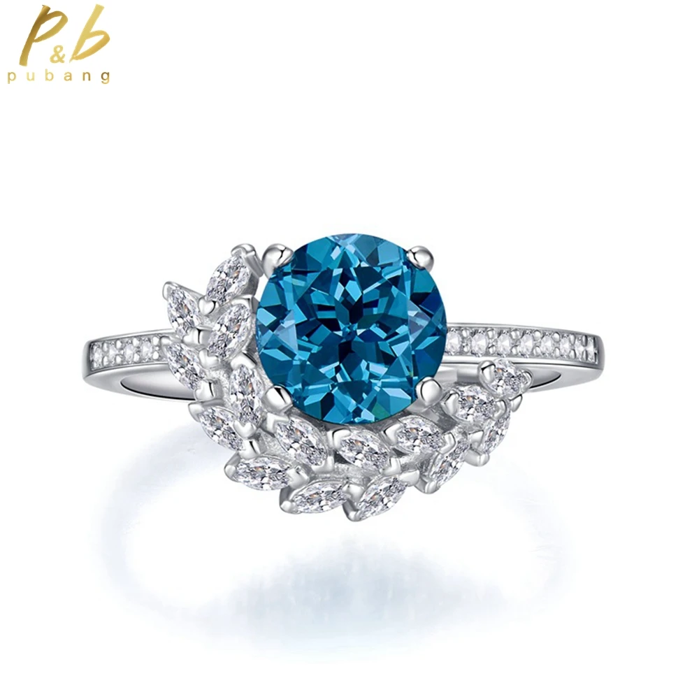 PuBang Fine Jewelry Solid 925 Sterling Silver Aquamarine Gem Created Moissanite Cocktail Ring for Women Party Gift Free Shipping