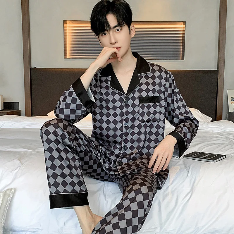 

3XL Новый шелковый пижамный комплект для подростков, уютная мягкая шелковая атласная рубашка с длинными рукавами и принтом, мужские топы + брюки, мужские шелковые пижамы из двух предметов