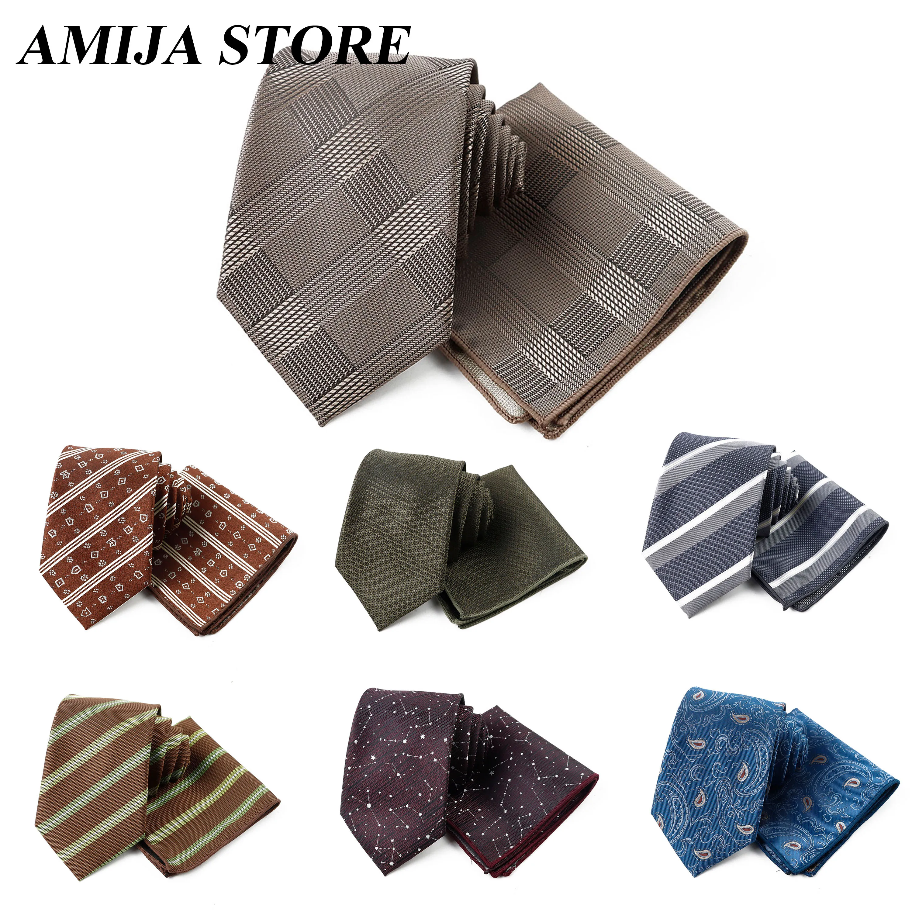 Men Woven Polyester Silk Tie And Pocket Square Set Formal Business Wedding Necktie Handkerchief Plaid Stripe Paisley Suits Gifts