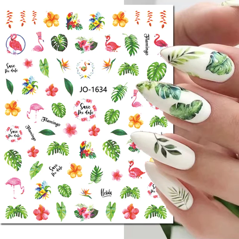 3d Nail Art Stickers Tropical Green Palms Leaves Flowers Flamingo Adhesive Sliders Nail Decals For Manicures Tips Decorations