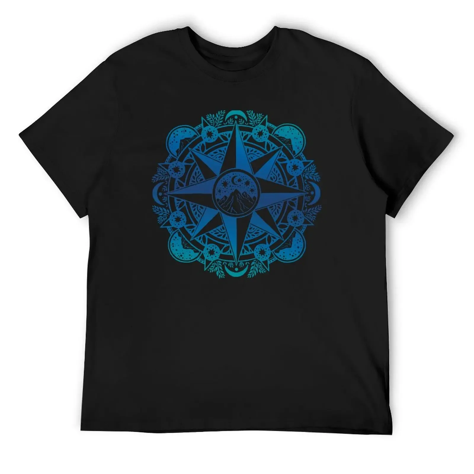 

Journey to Moon Mountain Turquoise Navy Ombré Compass Rose Nature Mandala T-Shirt essential t shirt plain white t shirts men