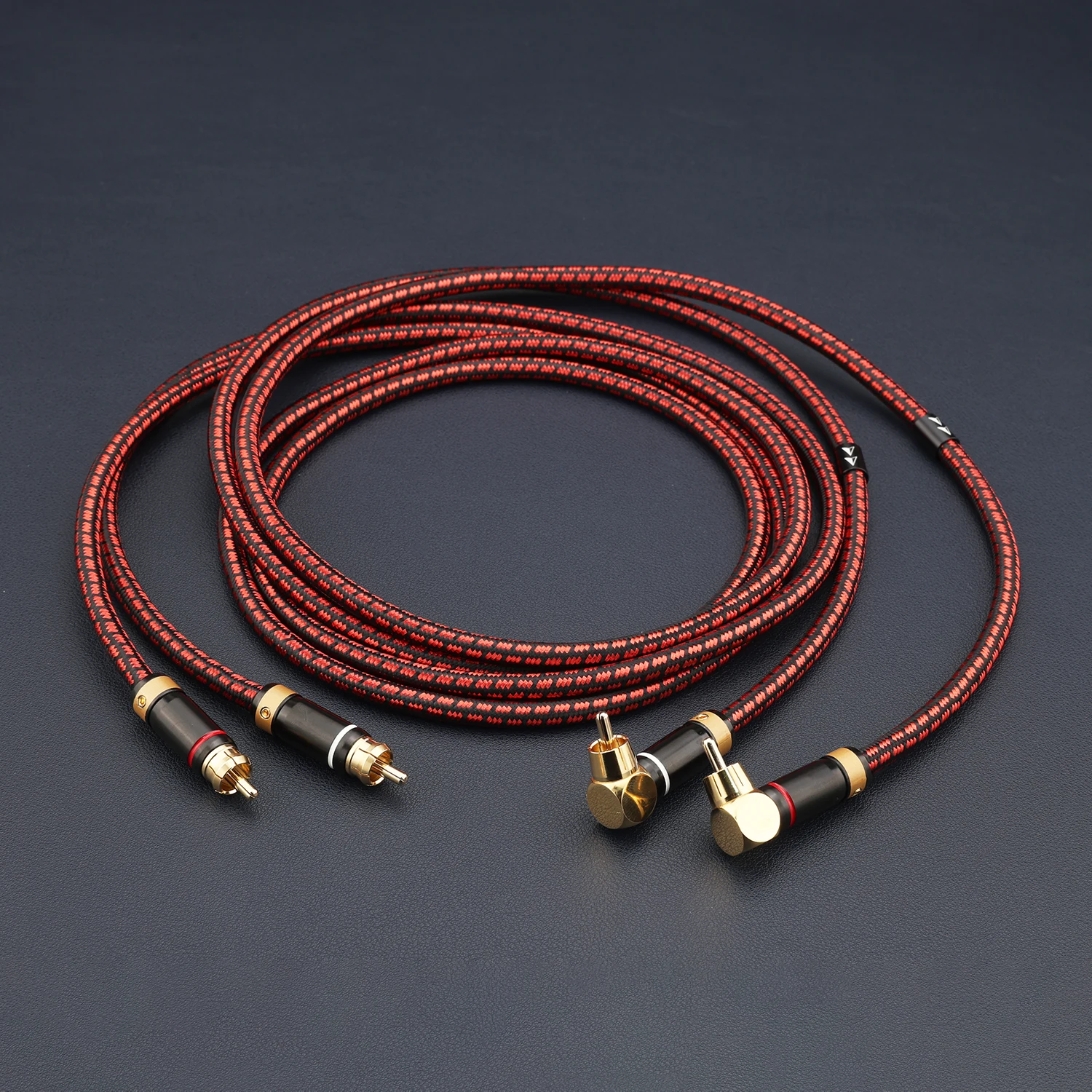 24K Gold Plated 90 Degree Right Angle Straight RCA Male to Male Audio Interconnect Cable Braided HiFi Audiophile Stereo Pair