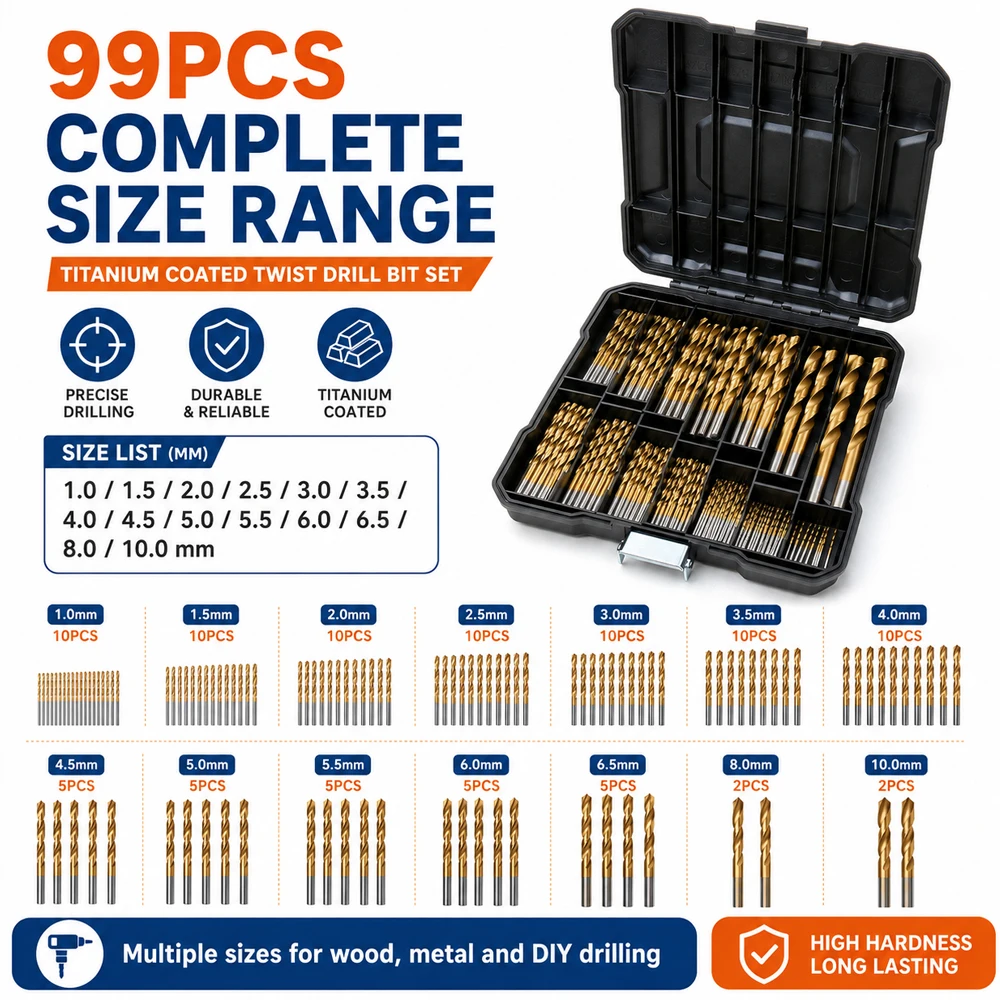 99Pcs Twist Drill Bit Set Bearing Steel Wear Resistant Drill Bits with Storage Box For Wood Soft Metal Woodworking Drilling Tool