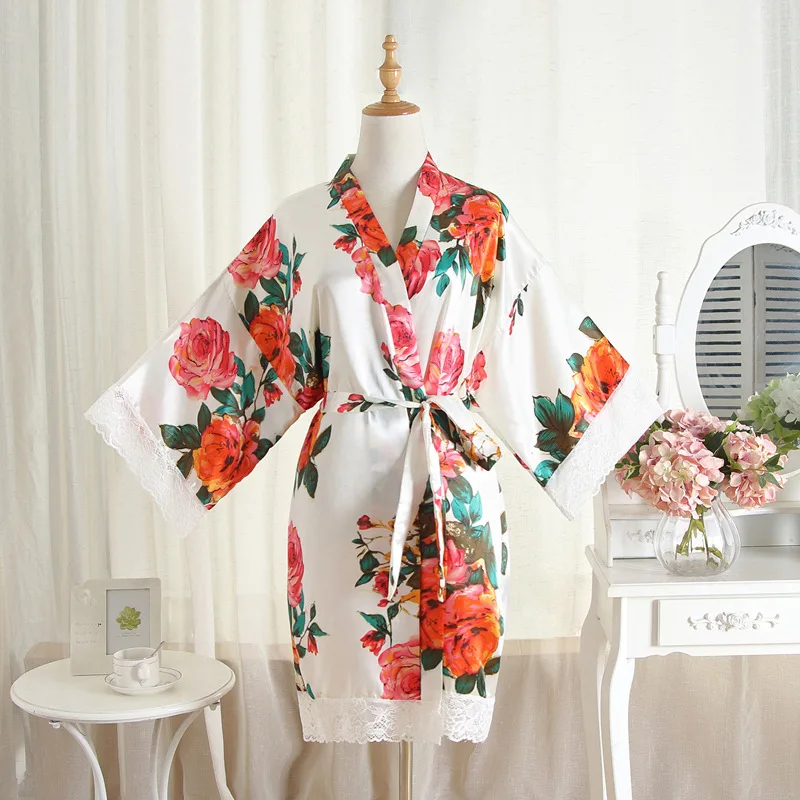 Kimono estilo japonês feminino, estampa peônia, camisola padrão, cardigã com renda, roupão curto, pijama de seda de imitação fina, roupas femininas