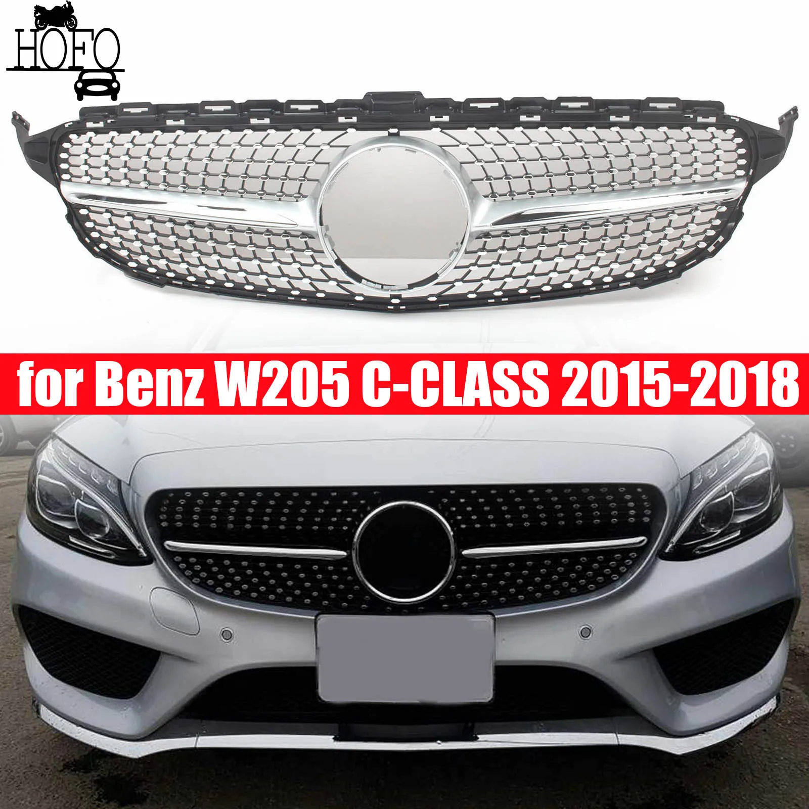 

Bumper Grille Racing Grill Diamond Style for Benz W205 C-CLASS 2015-2018 2016 2017 Front Bumper Radiator Grill Mesh Middle Net