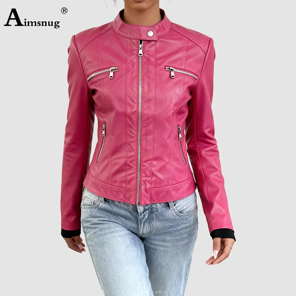 

Женские куртки из искусственной кожи 2024, осенняя мода, топы на молнии, верхняя одежда, сексуальные короткие пальто для диско-танцев, тонкая байкерская куртка, розово-красная