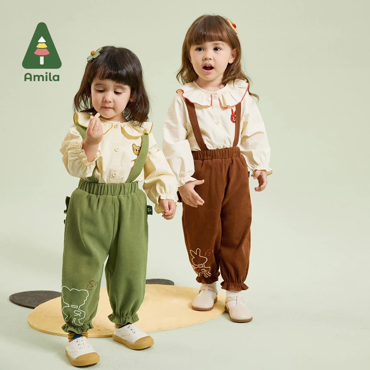 Amila Baby 2023 Autumn Romantic Lotus Leaf Loose Lantern Design Animal Embroidery  Pant Suit Wind Outdoors For Girls Clothing