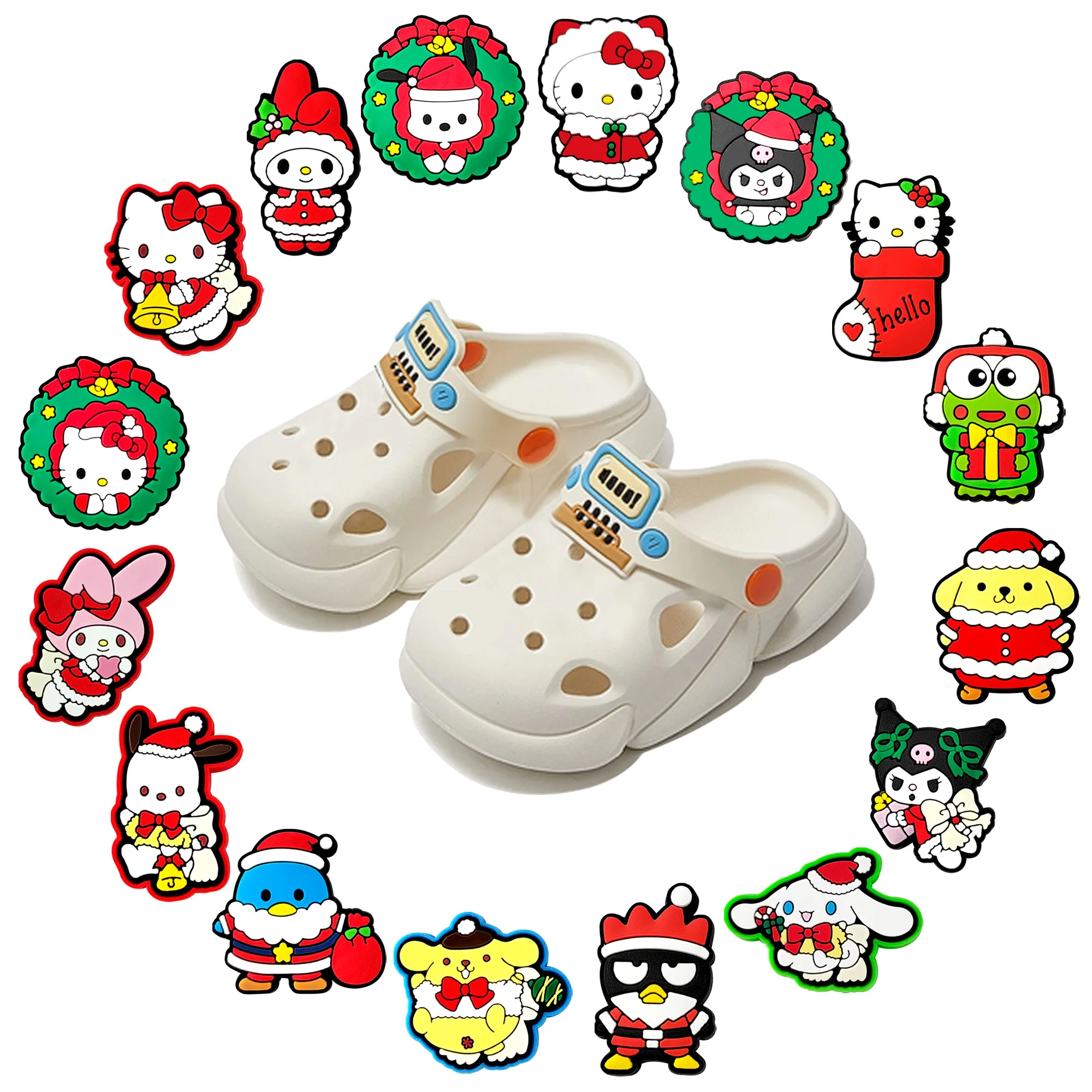 Sanrio 16pcs Christmas Kuromi Hello Kitty Shoes Charms for Sandals Decoration PVC Shoe Accessories Charms for X-mas Day Gifts