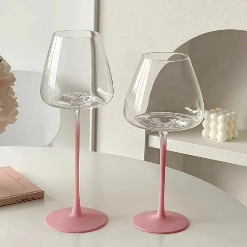 French Style Glass Goblet Pink Stem Concave Bottom Red Wine Glasses Cup Light Luxury Glass Cup Champagne Glasses Cups Home Tools