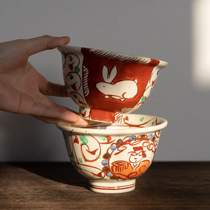 

400ml Japanese Seto Aka-e Rabbit Ceramic Bowls - 5" Vintage Rice Bowl Steamed Egg Stew Bowl for Household Kintchen Dining