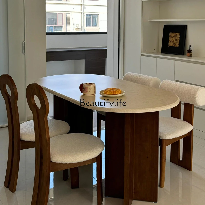 

Medieval dining table French cream retro natural travertine small apartment oval