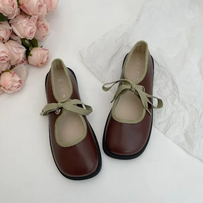 Casual Low Heel Leather Shoes for Women Round Toe School Mary Janes Pumps Fashion Shallow Dress Shoes Soft Sole Single Shoes