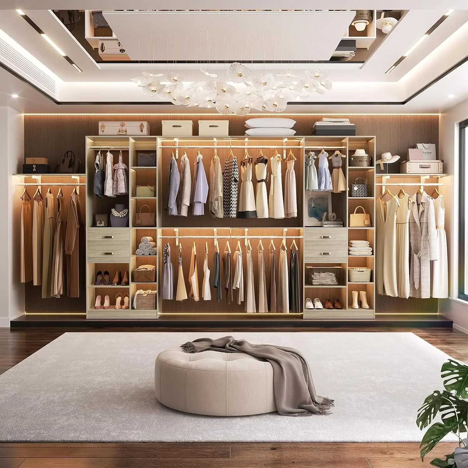 8FT Upgraded Closet System, 96'' Heavy Duty Wood Closet Organizer with 2 Drawers & 4 Adjustable Hanging Rods, Wall Mounted Close