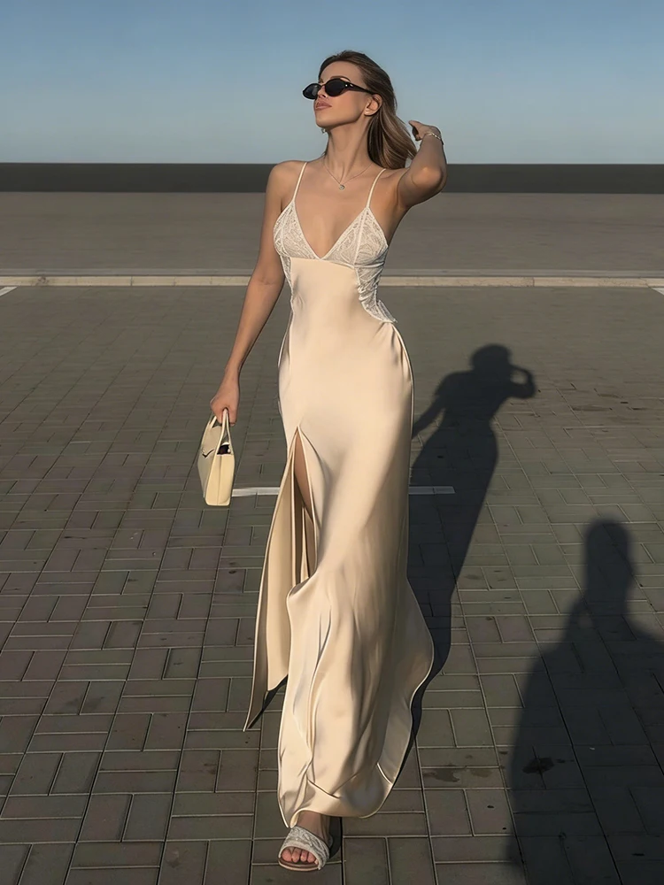 Kliou Jacquard Elegant Gown Dress Woman Summer Trend Low-Neck Backless Sleeveless High Splits Hem Robe Prom Party Long Bodycon