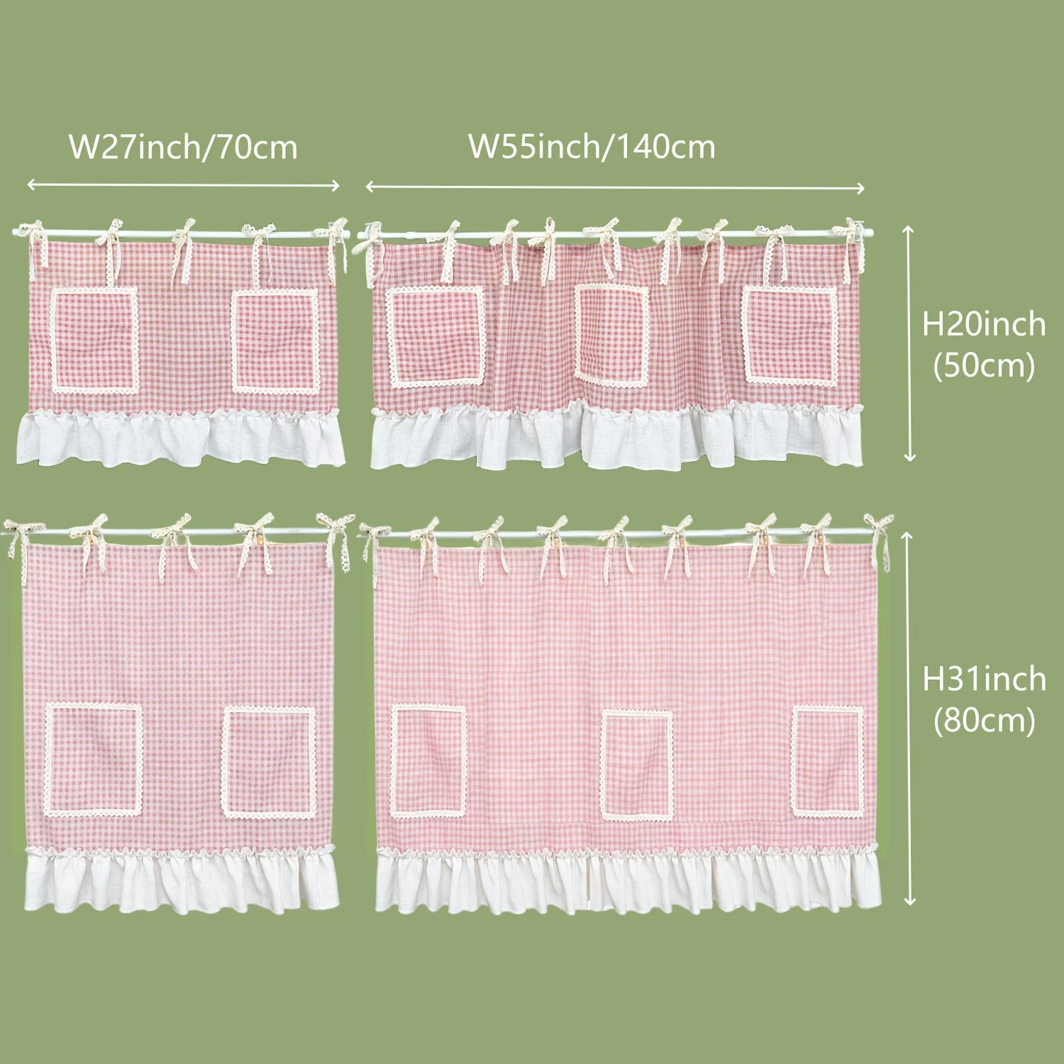 1pc Multifunctional Pink Plaid Oven Cabinet Curtain Dishwasher Skirt Kitchen Curtain  Vintage Tie Top Cafe Curtain