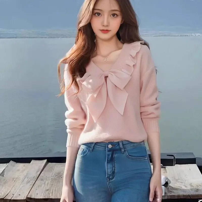 Primavera otoño suéter rosa 2025 nuevo cuello en V ropa suelta de mujer pulóver Top moda Falbala Bowknot blusa de punto femenina