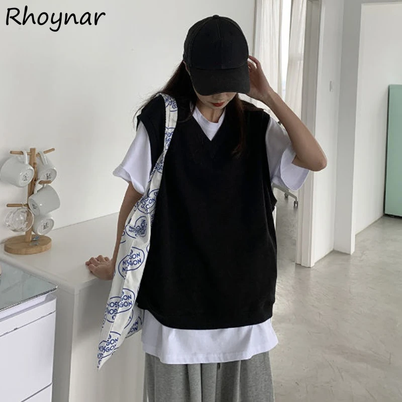 Gilet Donna Solido Scollo a V Fresco Streetwear Basic All-match Casual Unisex Harajuku Chic Ulzzang Estate Vendita Calda College Gioventù Accogliente