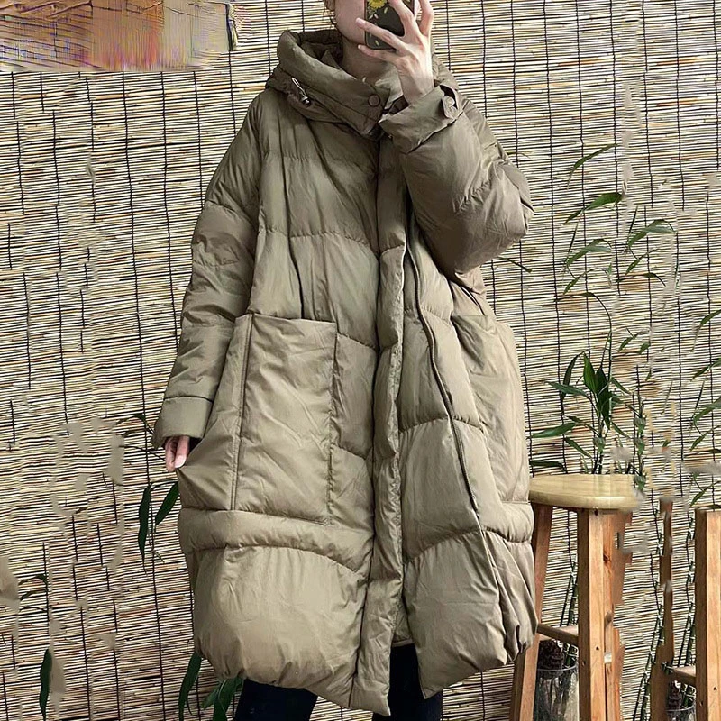 Korean Style Big Pockets Women White Duck Down Long Jacket with Hood Loose Over Size Coat Autumn Winter Warm Outwear 2023 New