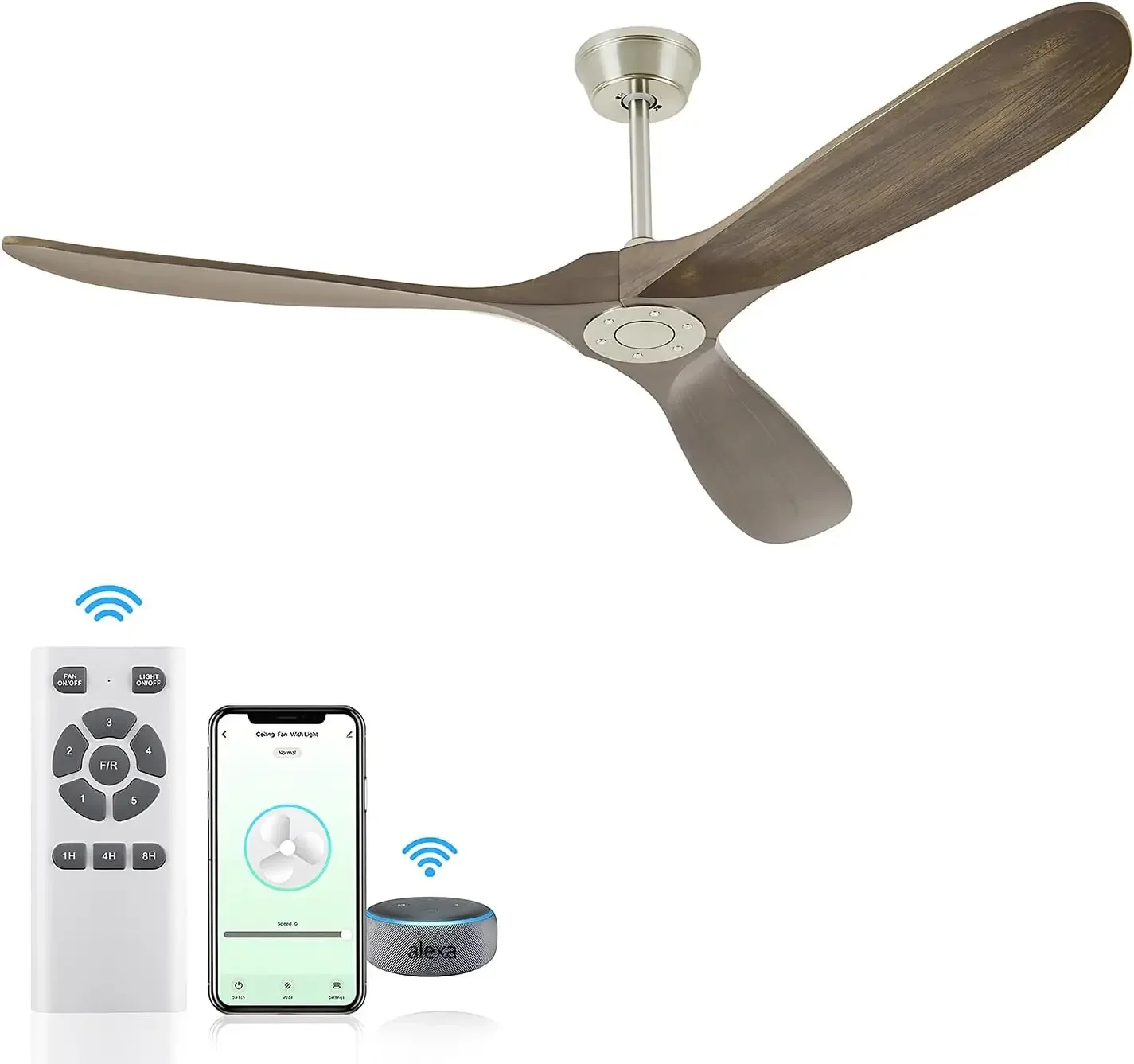 

70'' Ceiling Fan with Remote/App/Voice Control, Wood with 3 Walnut Blades, Smart Timing