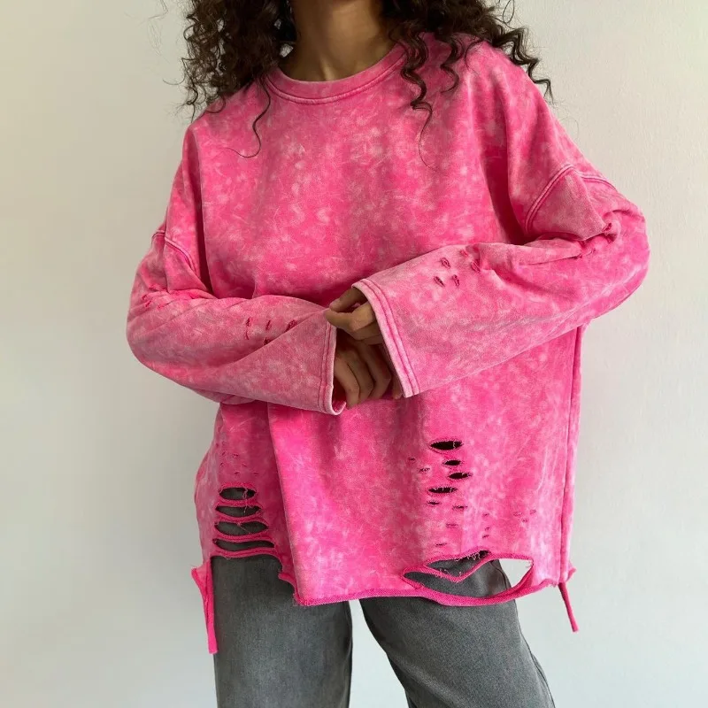 

High Street Distressed and Ripped Sweatshirt Design Street Style and Niche Snow Flake Fried Long Sleeve Loose Pullover for Women