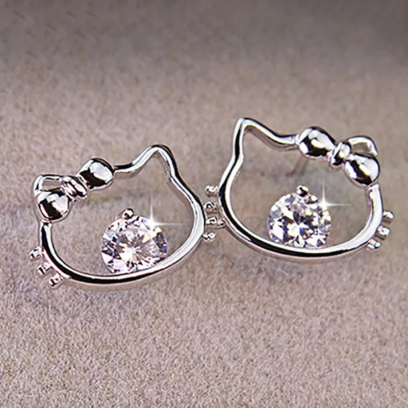 1Pair Sanrio Cartoon Cute Hello Kitty Shiny Zircon Earrings Hollow Cat Head Stud Earrings Ins Sweet Simple Exquisite Ear Jewelry