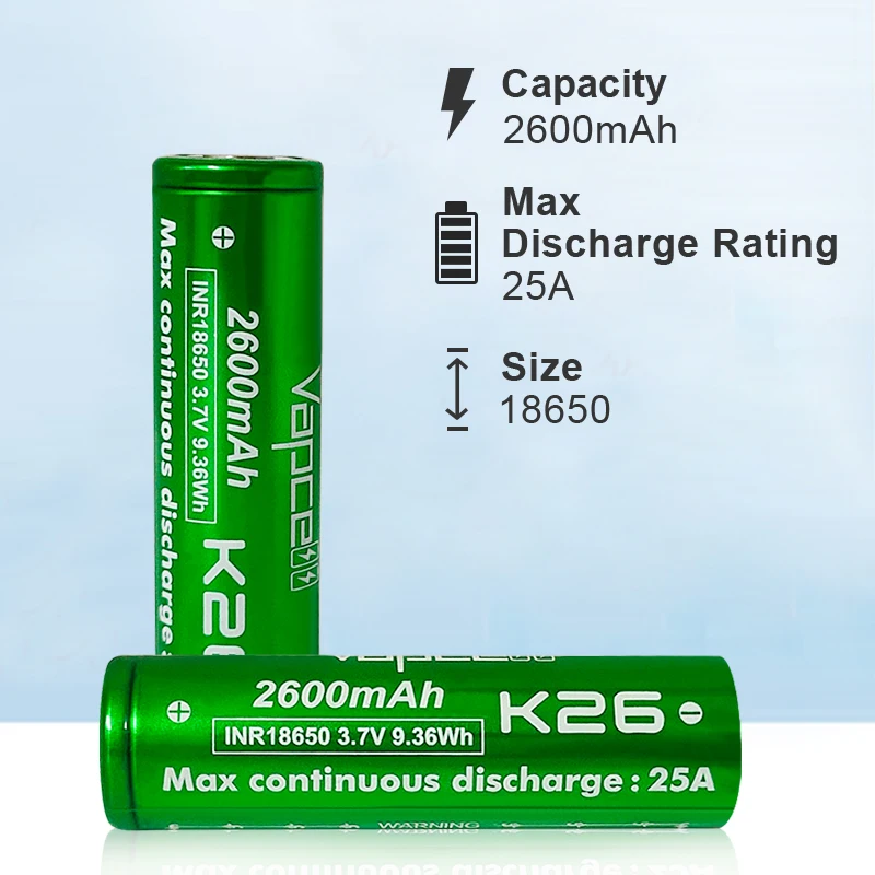 Novo 100% original vapcell k26 inr18650 2600mah bateria 3.7v 25a li-ion bateria recarregável lanterna para baterias de ventilador