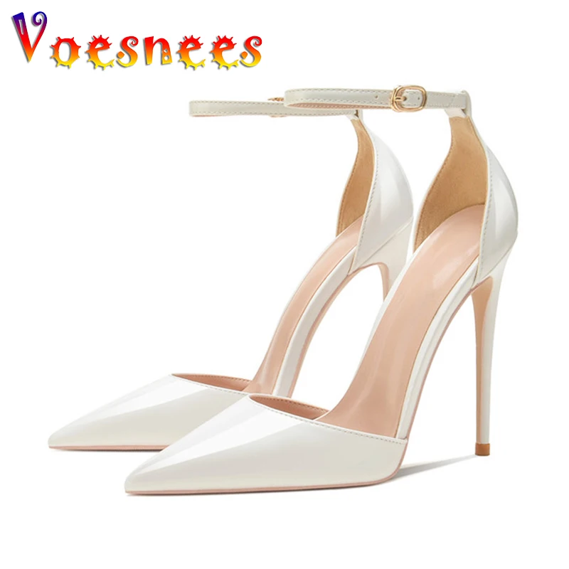 12CM Sexy Side Empty High Heels Pumps Lady Closed Pointed Toe Elegant Sandals Summer Ankle Strap Buckles Party Women Shoes Black