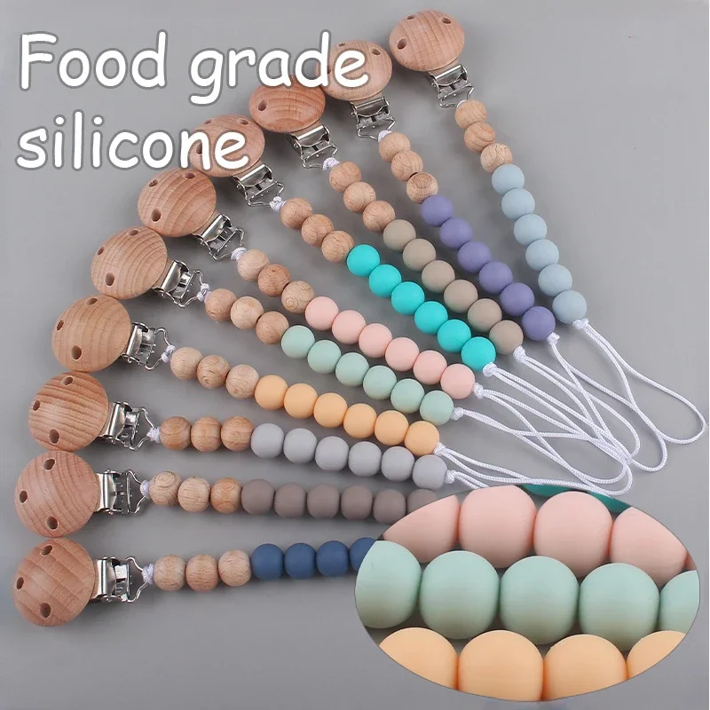 

Beech Wood Chew Silicone Bead Pacifier Clips Dummy Chain Holder Newborn Soother Chains Nipple Holder Baby Teething Toys Gifts