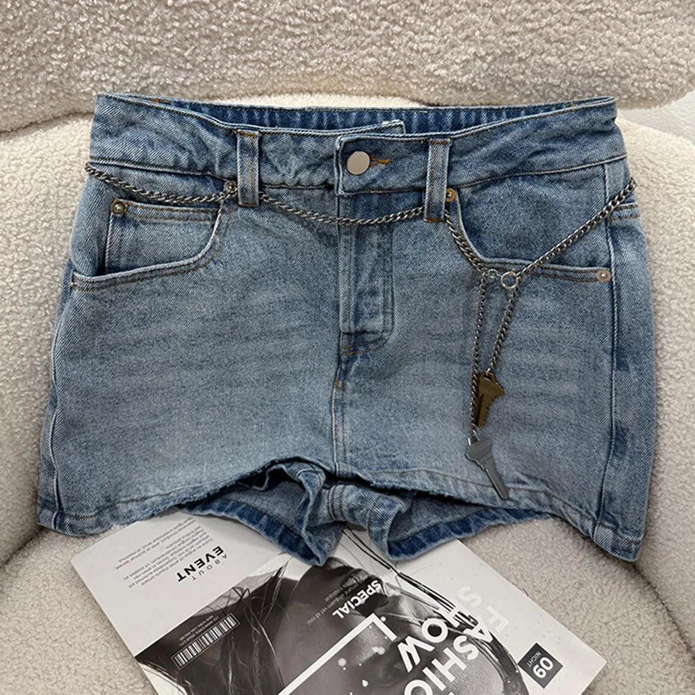 2025 Zomer Nieuwe Blauwe Hoge Taille Keten Denim Shorts Slim Fit Casual Wijde Pijpen Broek Damesrokken