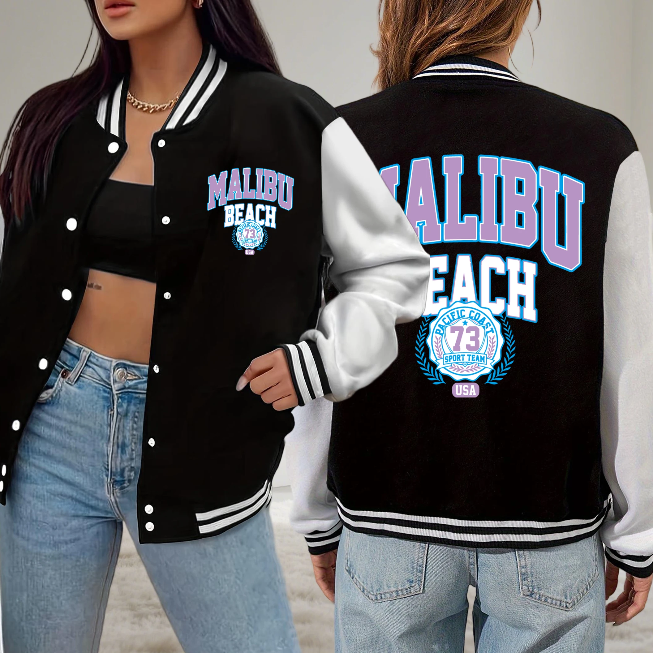 

Creative Mailbu Beach Pacific Coast Print Women Jacket Loose Fleece Baseball Uniform Casual Autumn Clothes All-Match Sportswear