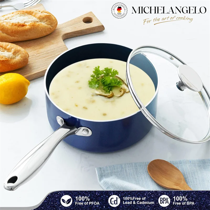 

MICHELANGELO Синяя кастрюля с антипригарным покрытием и крышкой 1QT/2QT Керамическая кастрюля для соуса с ручкой из нержавеющей стали Молочный горшок для приготовления супа