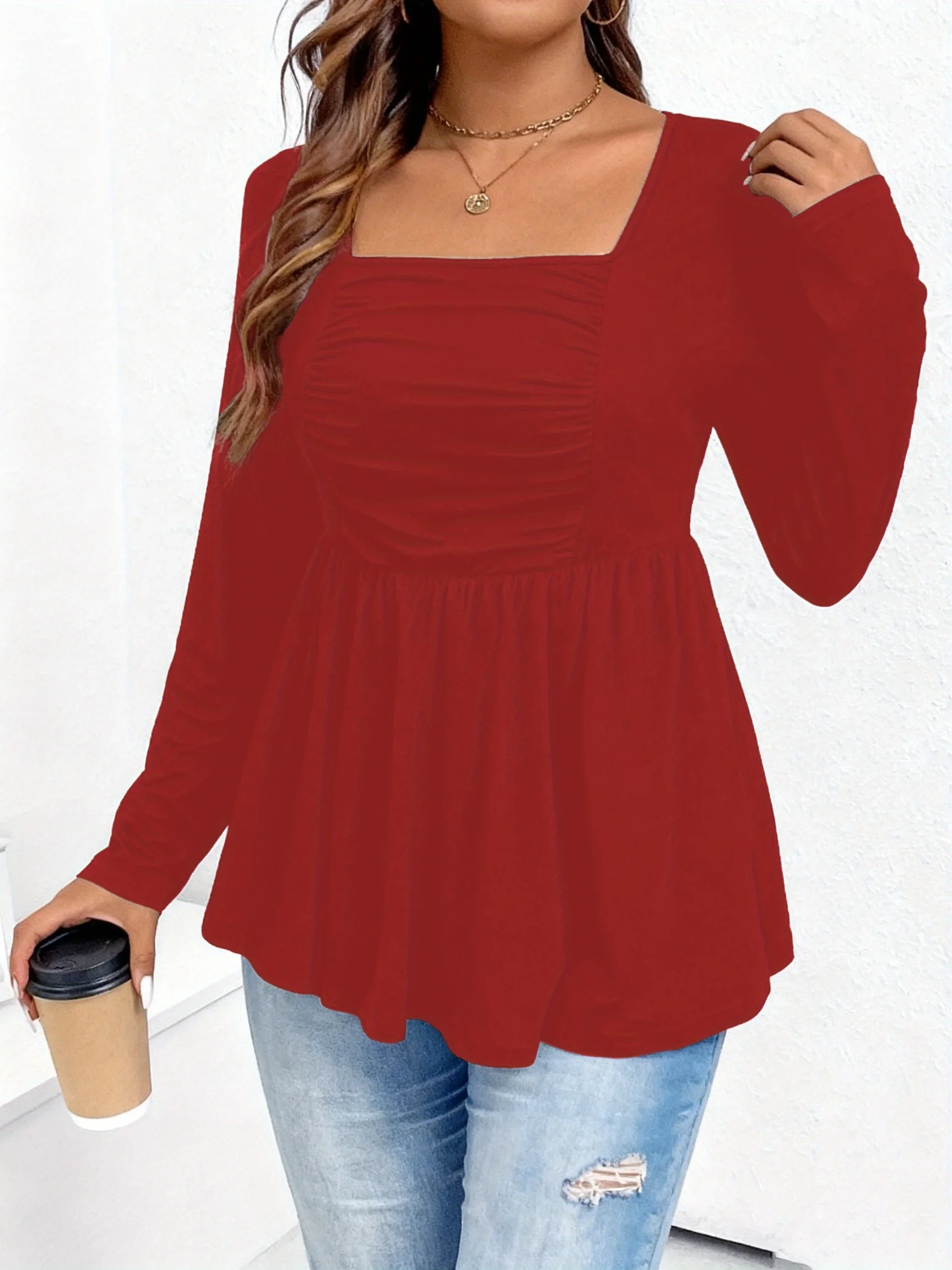 Elegantes Plus-Size-Oberteil für Damen mit eckigem Ausschnitt und langen Ärmeln für einen schicken Stil. – Detail 4