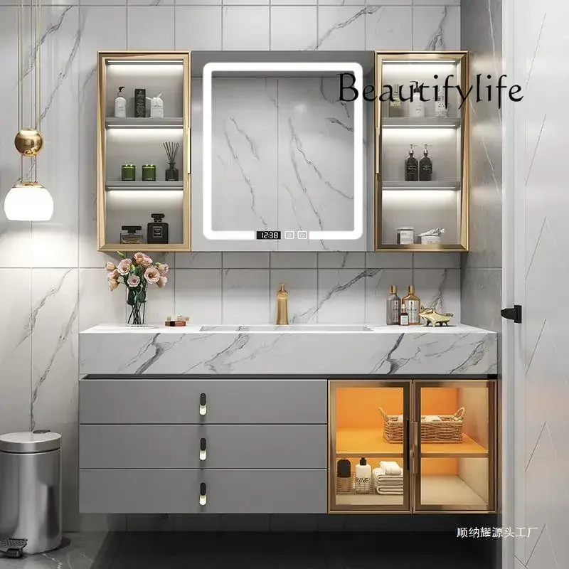 

X Light Luxury Solid Wood Bathroom Cabinets Rock Slab Integrated Washbasin Bathroom Vanity Cabinet With Sink Bathroom Furniture