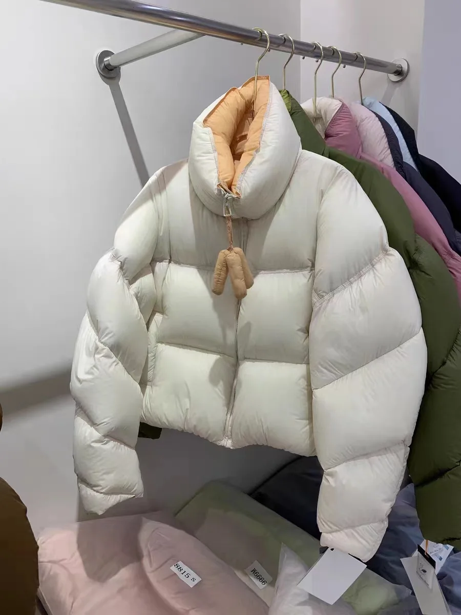 Firmranch-Chaqueta acolchada corta para mujer, abrigo de plumón de pato blanco con cuello levantado, contraste de colores dulces, traje de pan de